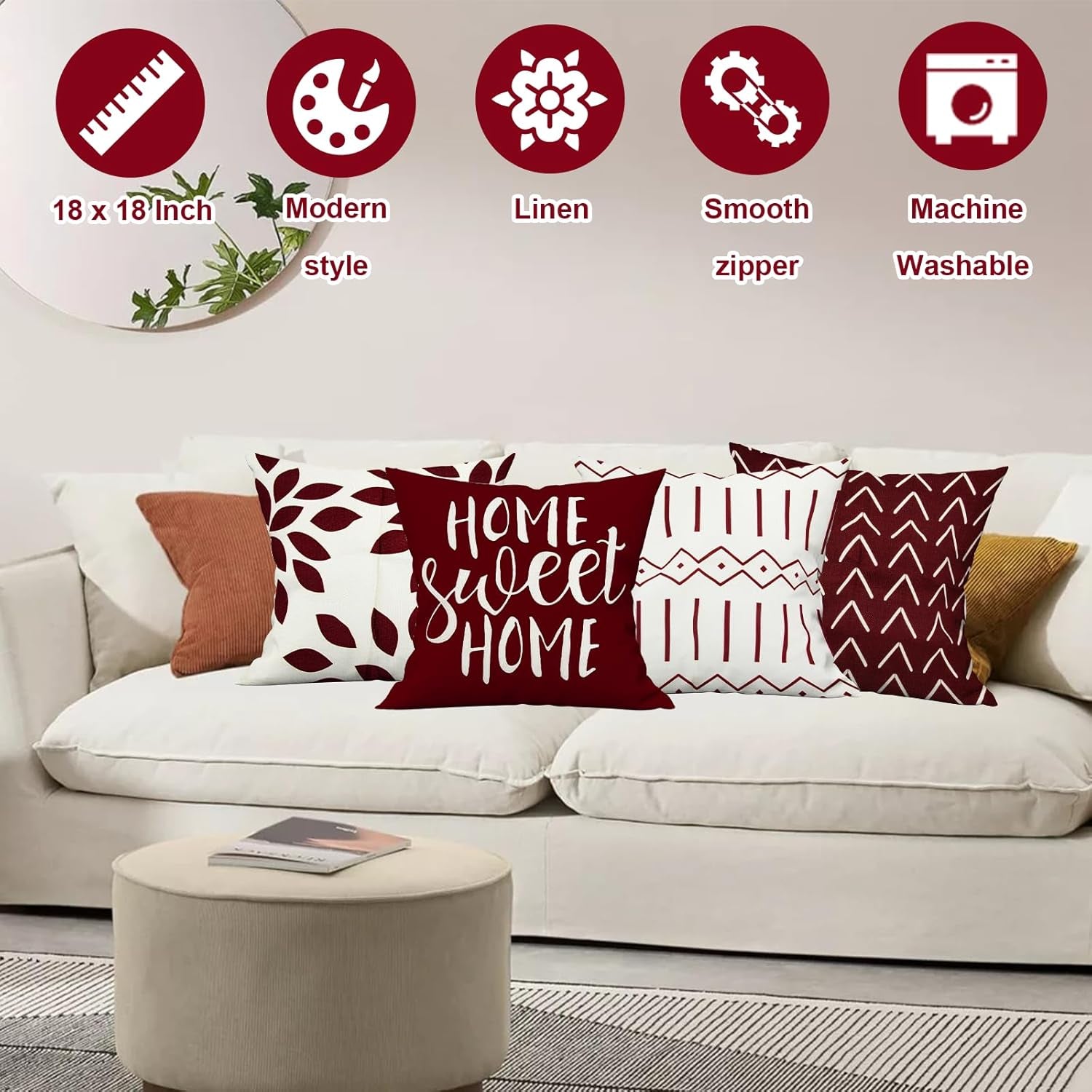 Morden Sofa Throw Pillow Covers 18X18 Set of 4, Decorative Pillows Covers for Couch, Burgundy Sofa Pillows Case for Living Room, Modern Sofa Cushion Case (Burgundy, 18X18 Inch)