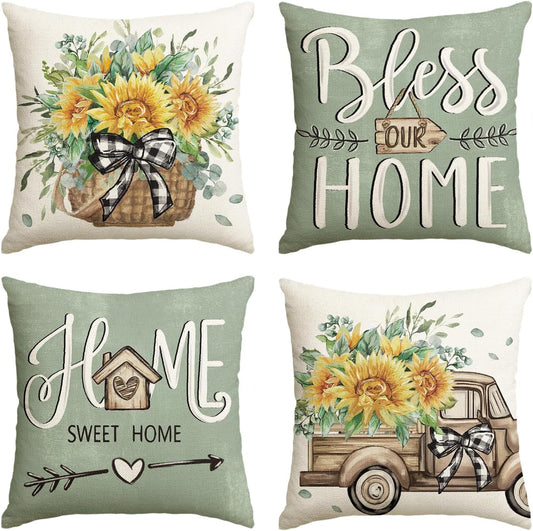 Bless Our Home Sunflower Eucalyptus Leaves Throw Pillow Covers, 18 X 18 Inch Seasonal Spring Summer Truck Home Sweet Home Cushion Case Decorations Set of 4