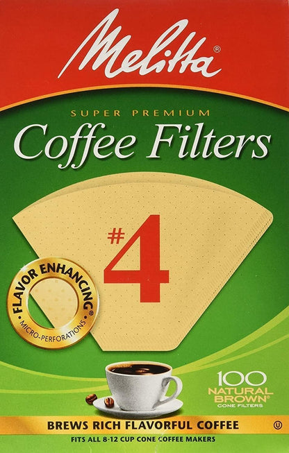 #4 Cone Coffee Filters, Unbleached Natural Brown, 100 Total Filters Count - Packaging May Vary