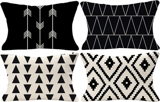 Set of 4 Decorative Geometric 12 X 20 Inches Throw Pillow Covers - Modern Pattern Linen Rectangle Pillow Cushion Case for Sofa Couch Bed Home Outdoor Car (12" X 20", Black)