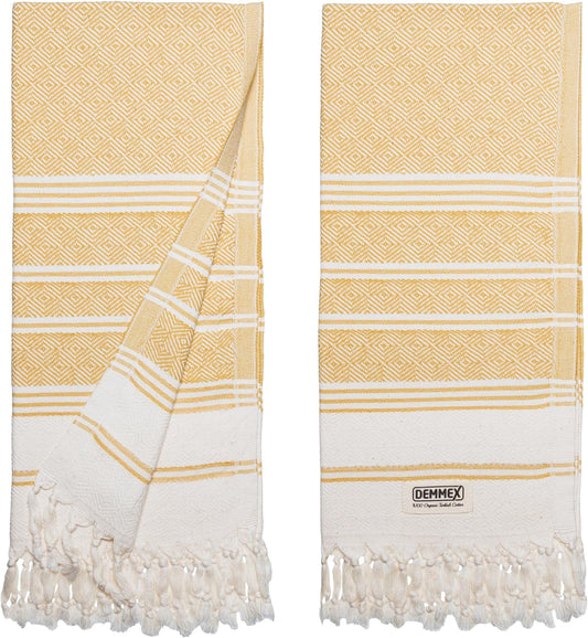 (Set of 2) Certified 100% Organic Turkish Cotton Prewashed Decorative Bathroom Peshtemal Towel for Hand, Face, Hair, Gym, Yoga, Tea, Discloth, Kitchen, Bath, 18X36 Inches (Mustard)