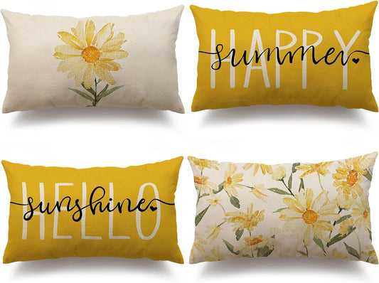 Summer Pillow Covers 12X20 Set of 4 Watercolor Daisy Throw Pillow Covers Hello Sunshine Summer Yellow Outdoor Décor Cushion Case Decoration for Home Couch Chair Sofa