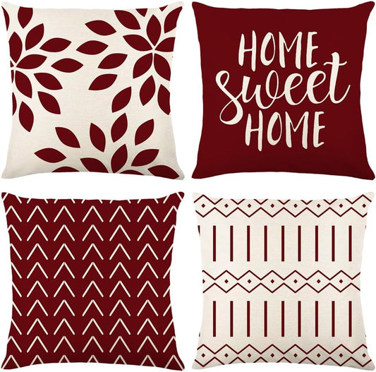 Morden Sofa Throw Pillow Covers 18X18 Set of 4, Decorative Pillows Covers for Couch, Burgundy Sofa Pillows Case for Living Room, Modern Sofa Cushion Case (Burgundy, 18X18 Inch)