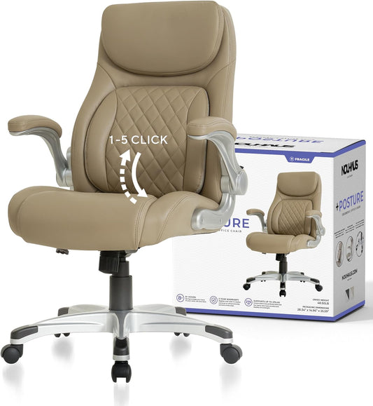 +Posture Ergonomic PU Leather Office Chair. Click5 Lumbar Support with Flipadjust Armrests. Modern Executive Chair and Computer Desk Chair (Taupe)