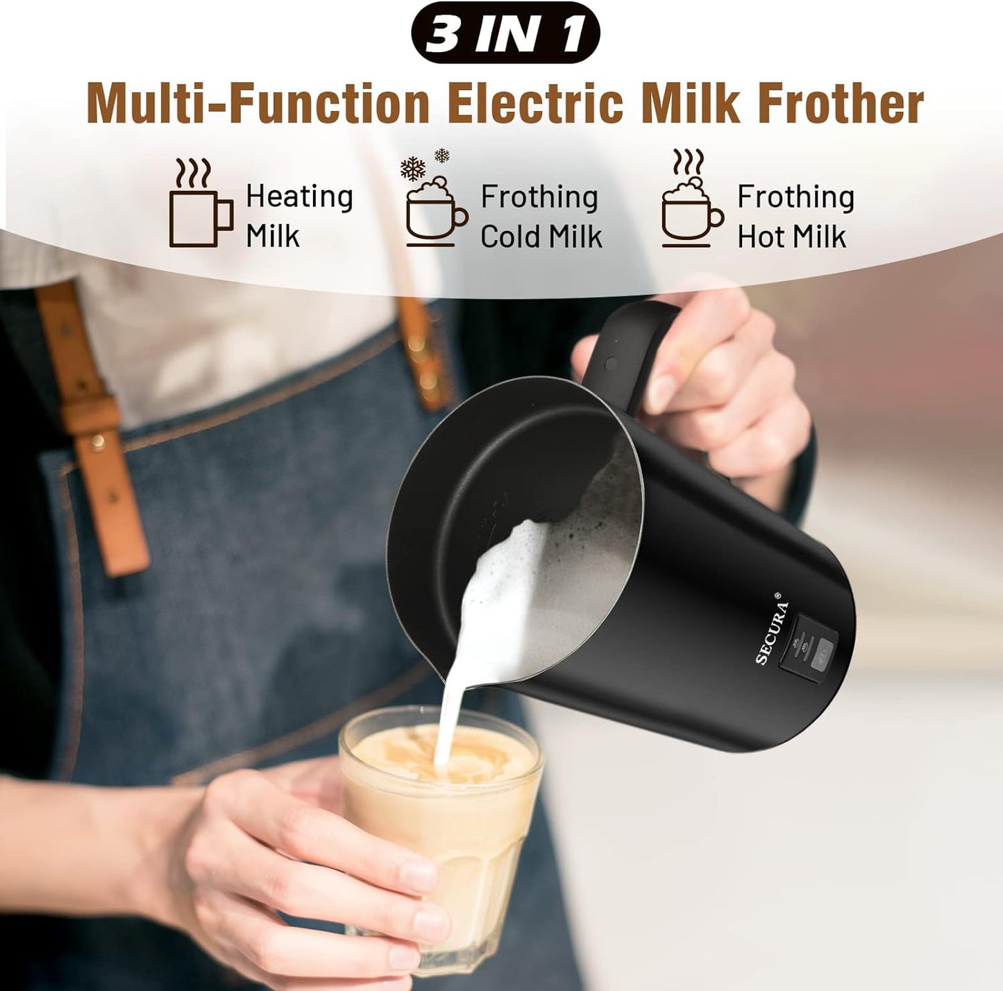 𝗠𝗶𝗹𝗸 𝗙𝗿𝗼𝘁𝗵𝗲𝗿, Electric Milk Steamer Stainless Steel, 8.4Oz/250Ml Automatic Hot and Cold Foam Maker and Milk Warmer for Latte, Macchiato (Black)