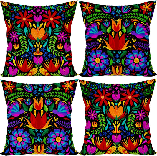 Mexican Fiesta Throw Pillow Covers 18X18 Set of 4 Dragonfly Flower Dahlia Pillow Case Day of the Dead Dia De Los Muertos Cinco De Mayo Decorations