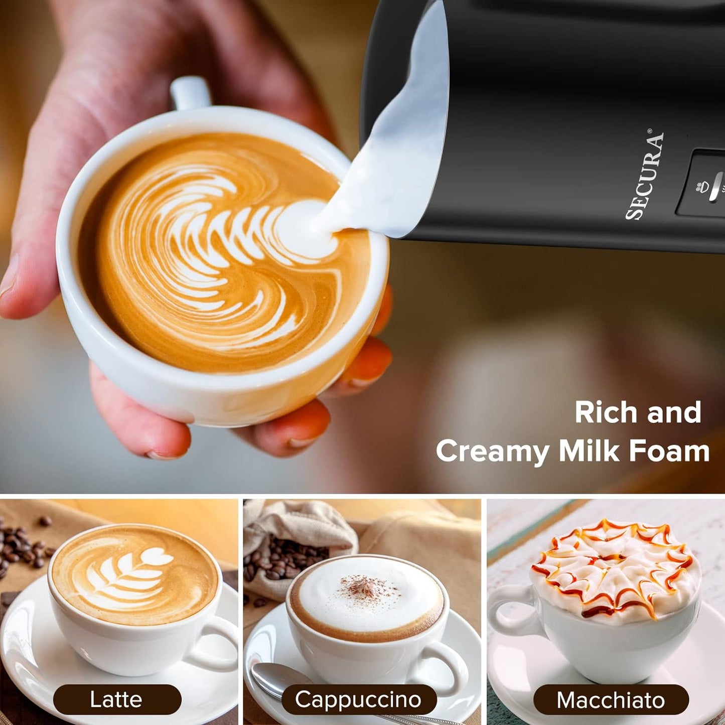 𝗠𝗶𝗹𝗸 𝗙𝗿𝗼𝘁𝗵𝗲𝗿, Electric Milk Steamer Stainless Steel, 8.4Oz/250Ml Automatic Hot and Cold Foam Maker and Milk Warmer for Latte, Macchiato (Black)