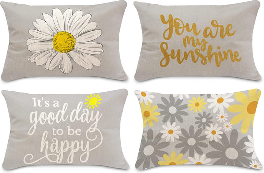 Yellow Grey Pillow Covers 12X20 Spring Summer Decorations Sunflower Lumbar Throw Pillow Covers Set of 4 for Couch Sofa Living Room Outdoor Spring Summer Yellow Gray Decor