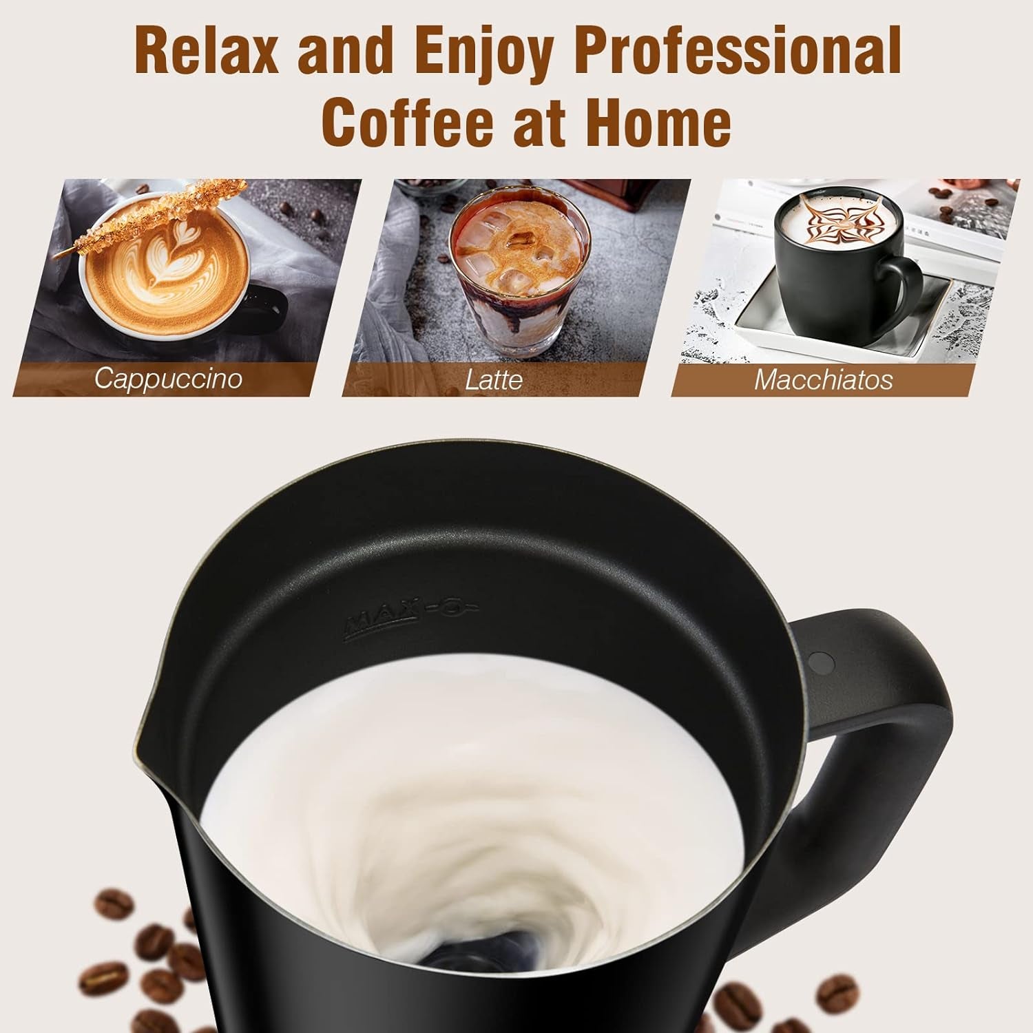 𝗠𝗶𝗹𝗸 𝗙𝗿𝗼𝘁𝗵𝗲𝗿, Electric Milk Steamer Stainless Steel, 8.4Oz/250Ml Automatic Hot and Cold Foam Maker and Milk Warmer for Latte, Macchiato (Black)